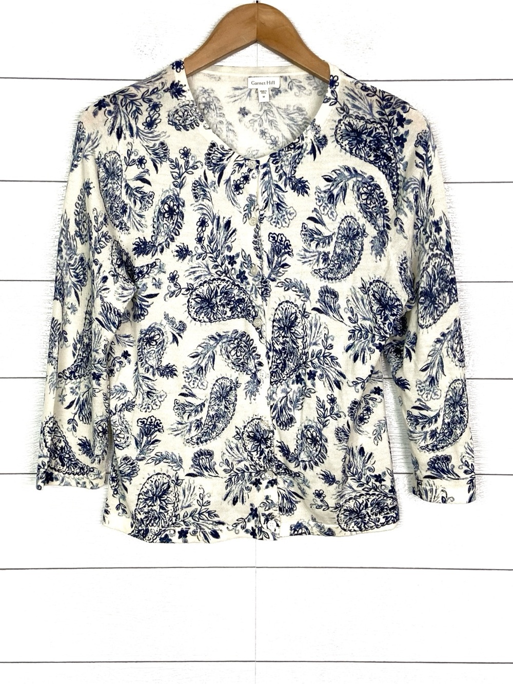 GARNET HILL Merino Wool Blue Paisley Button Cardigan Sweater Medium